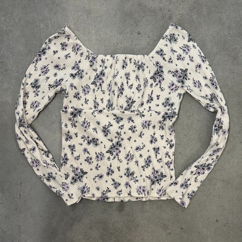 Art Class Girls Floral Ribbed Long Sleeve Top | Size L 10/12 | Like New